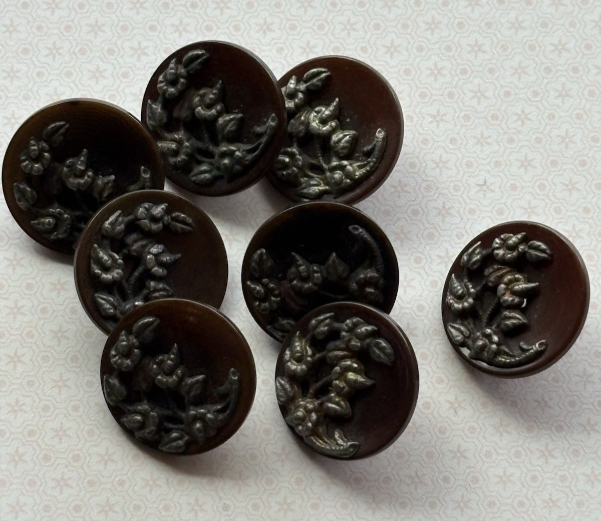 8 Antique Victorian Horn Composition Buttons with Applied Flowers Set Lot