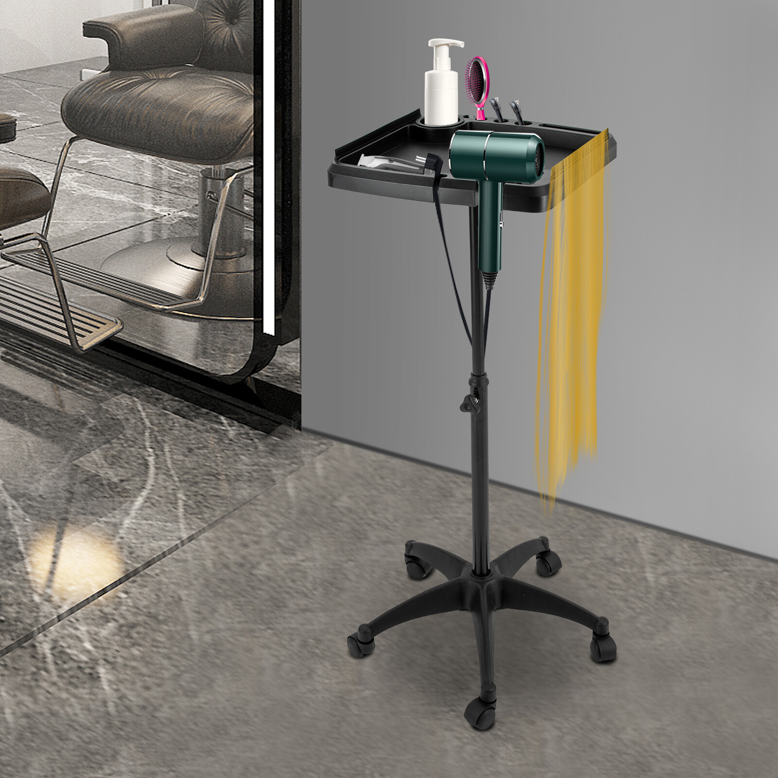 Salon Tray Cart 28.54-43.31" Height Adjustable Rolling Salon Tray with 5 Wheels