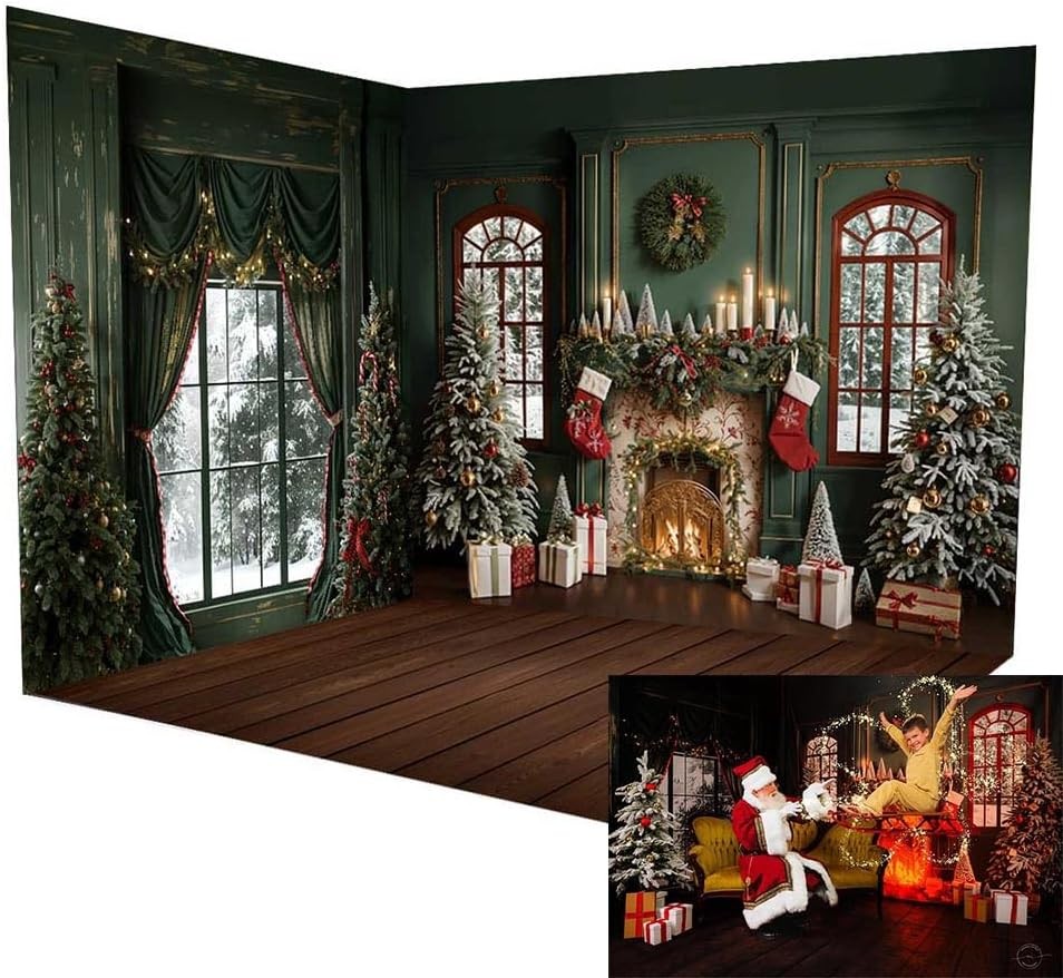 Kate Christmas Fireplace Backdrop Elegant Holiday Home Interior 8x8ft&10x8ft