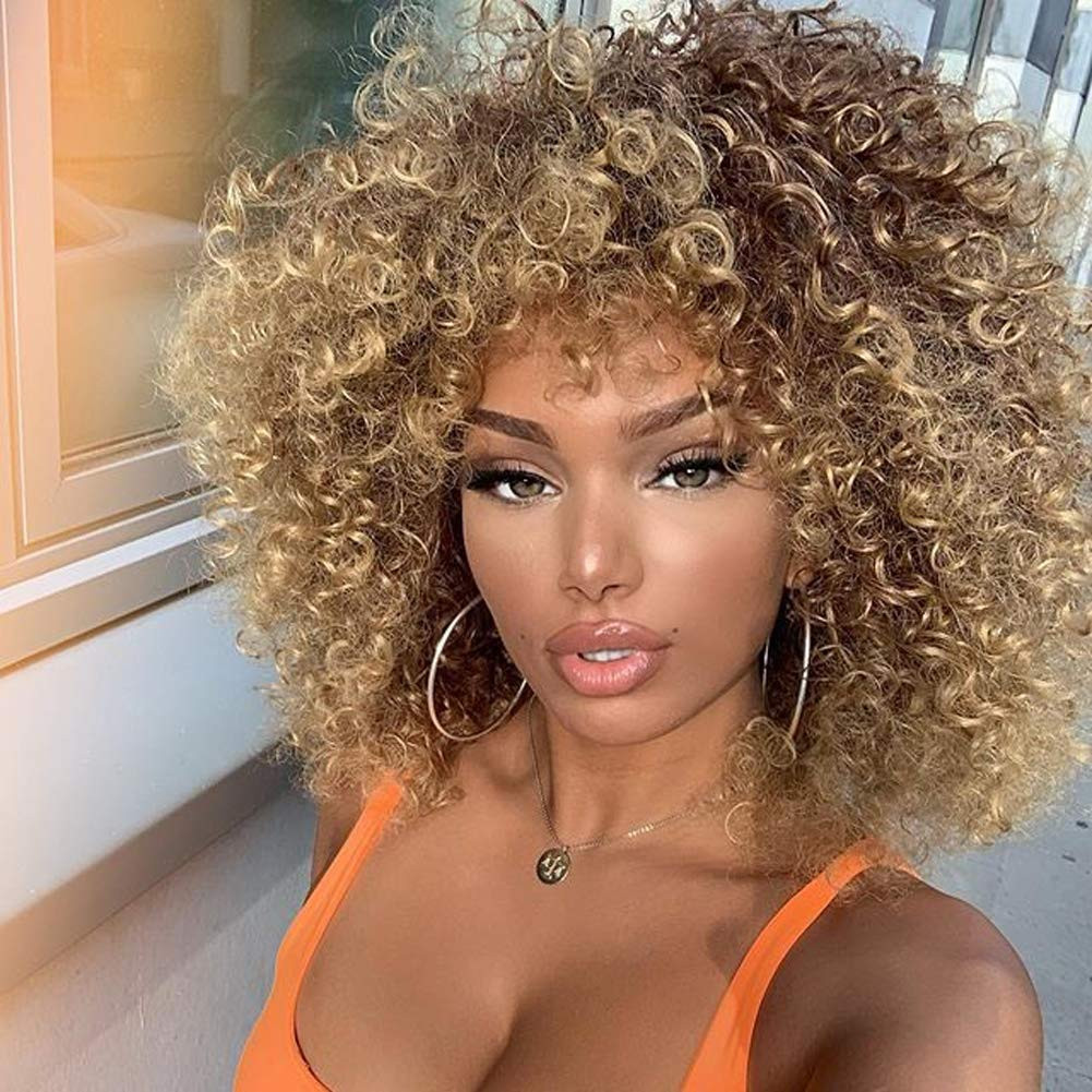 14 Inch Blonde Curly Wigs 70S, Kinky Brown Mixd Blonde Afro Wigs for Black Women