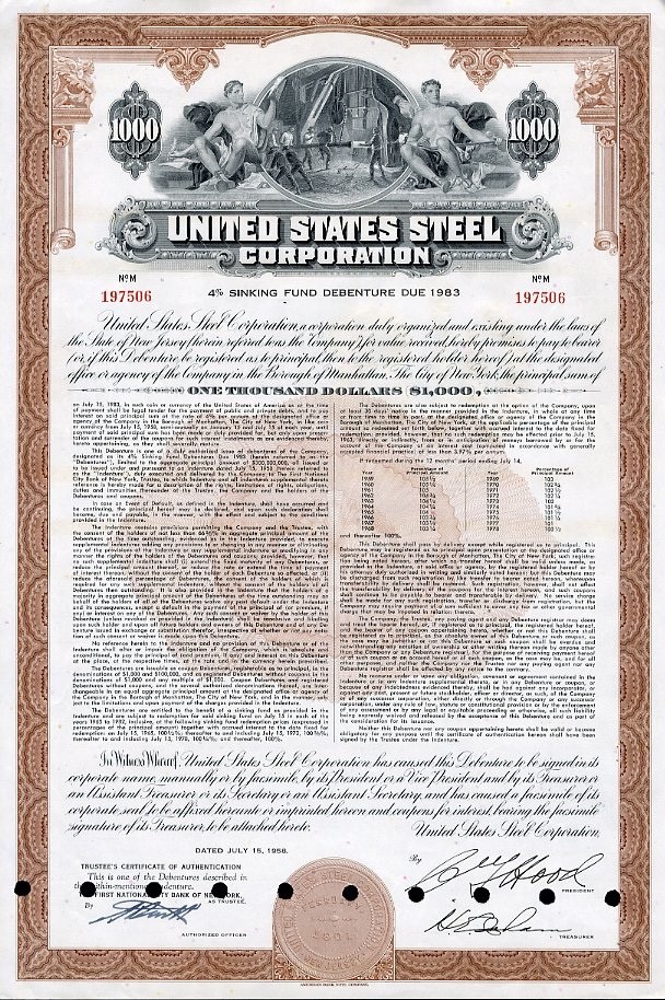 1958 US Steel Bond Certificate