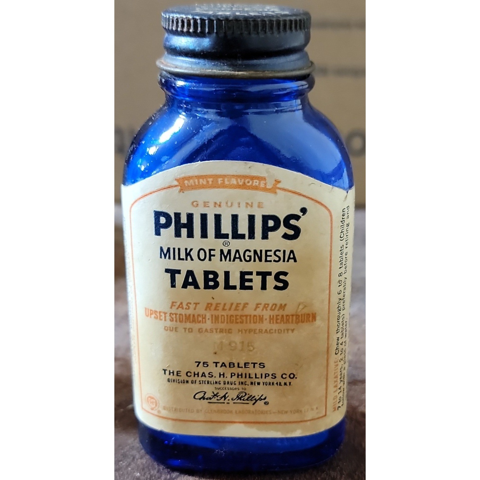Vintage Phillips Milk of Magnesia Cobalt Blue Glass Bottle with Label and Lid