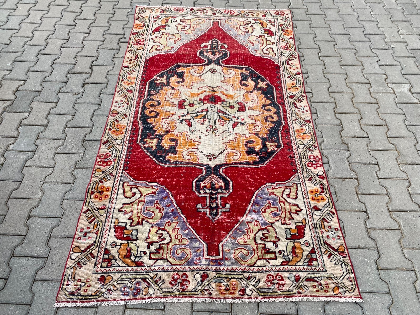 Vintage Turkish Large Area Rug 4.3x7.9 ft Hand Knotted Wool Red Medallion Decor