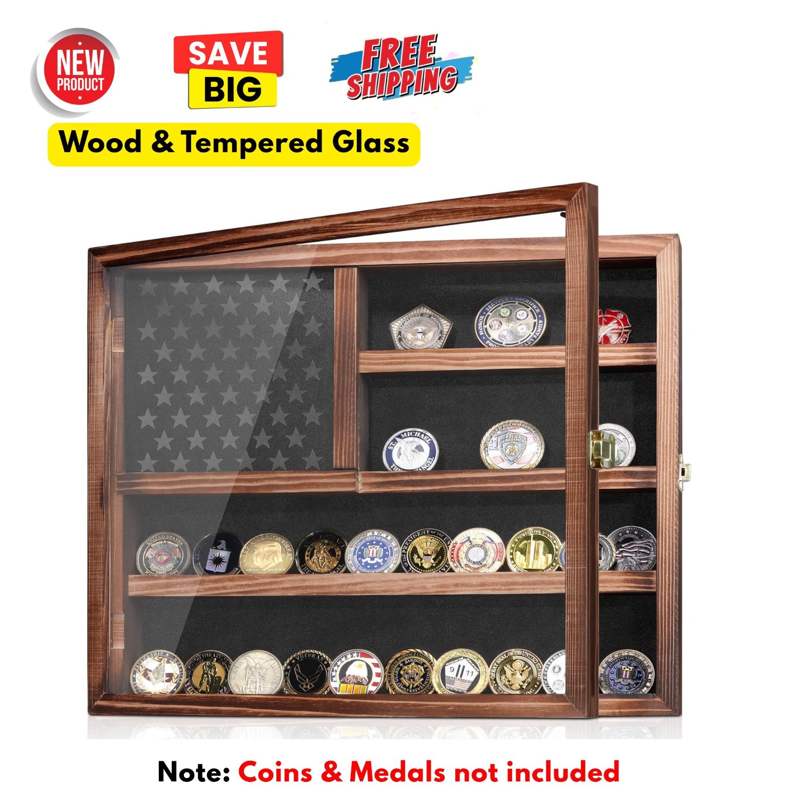 Challenge Coin Display Case Rack, Lockable Military Coin Cabinet with Glass Door