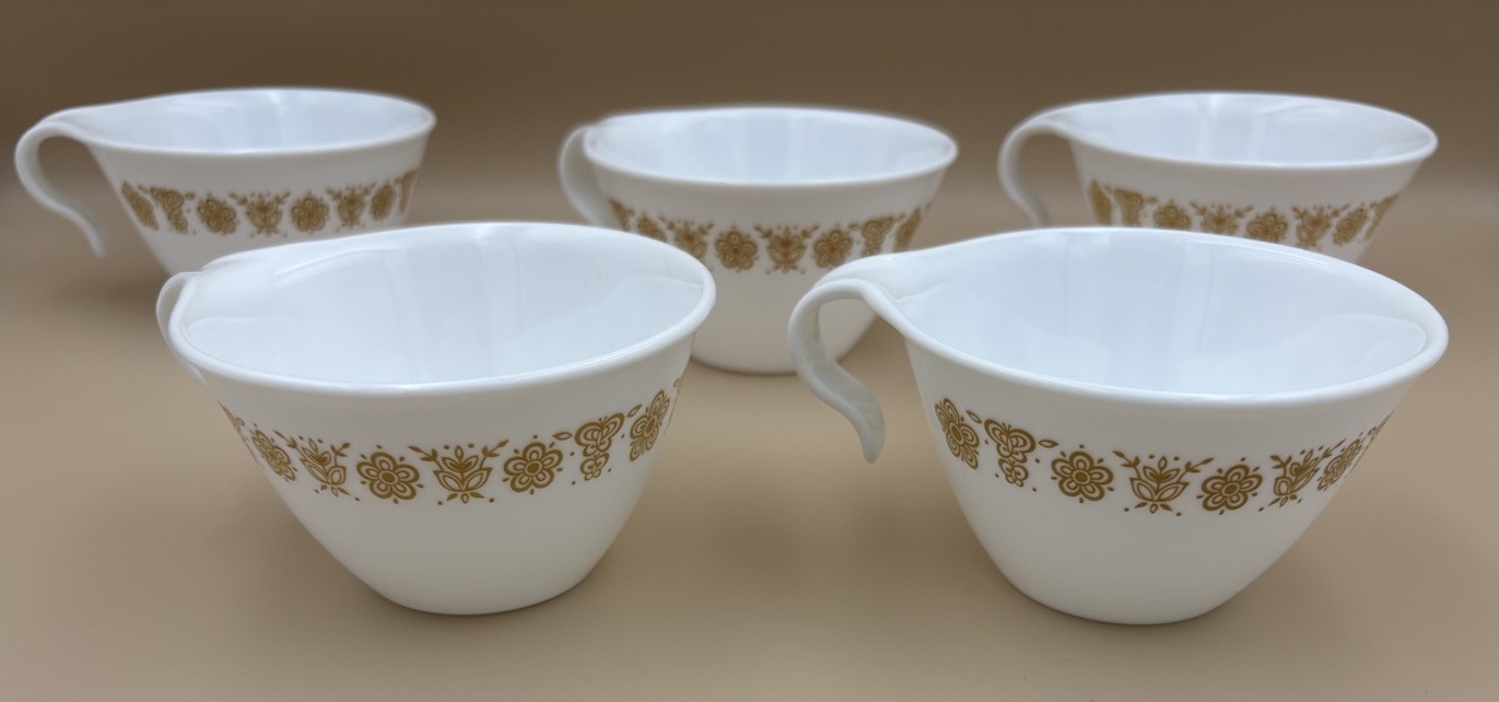 Vintage Corelle Cups by CORNING Butterfly Gold Hook Handle Coffee Tea Set of 5