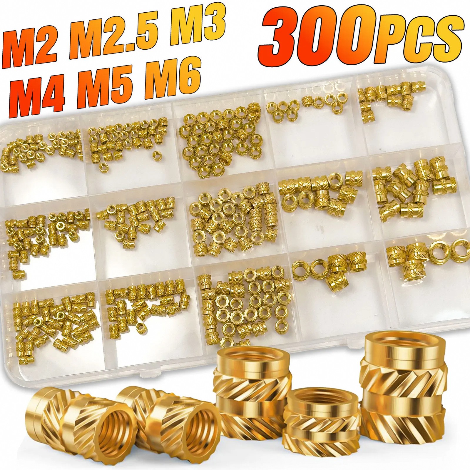 300PCS M2 M2.5 M3 M4 M5 M6 Brass Heat Set Inserts for 3D Printing