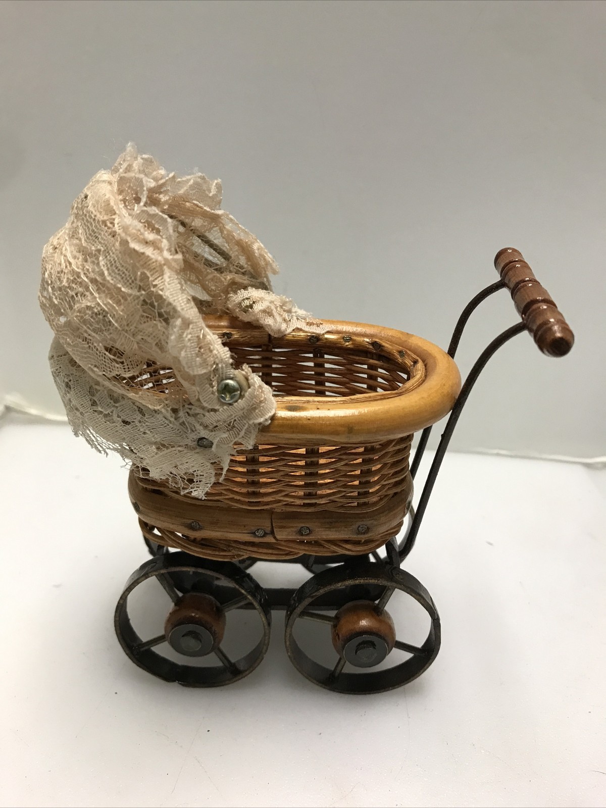 Vintage Doll Carriage Baby Buggy Lace Wicker Metal Wooden Stroller Miniature