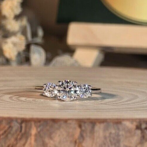 1.80 CTW Round Cut VVS1 Moissanite Three Stone Ring In 14k White Gold Plated