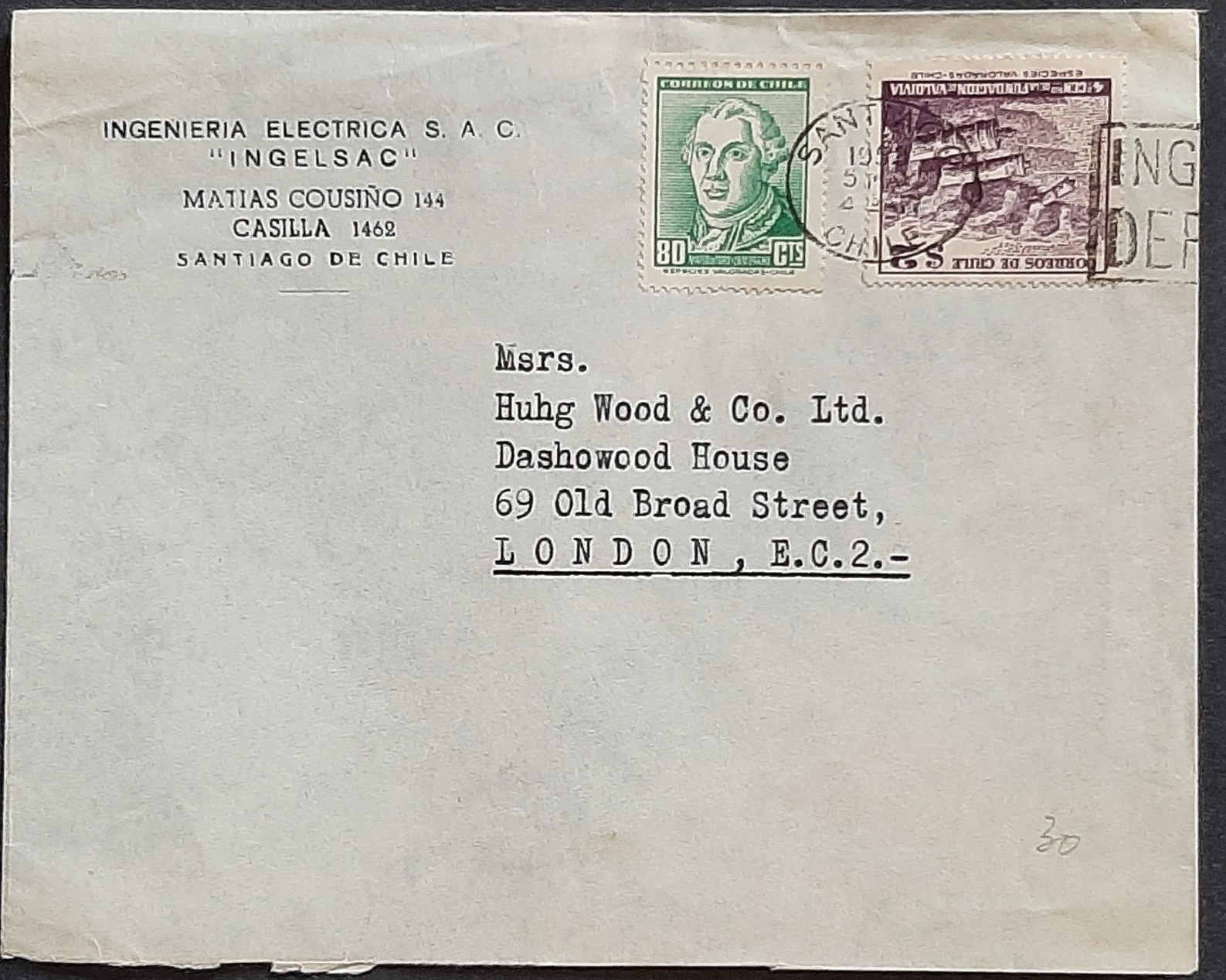 z(CHL-202) CHILE 1952 postal cover sent from Chile to London (Santiago CDS)