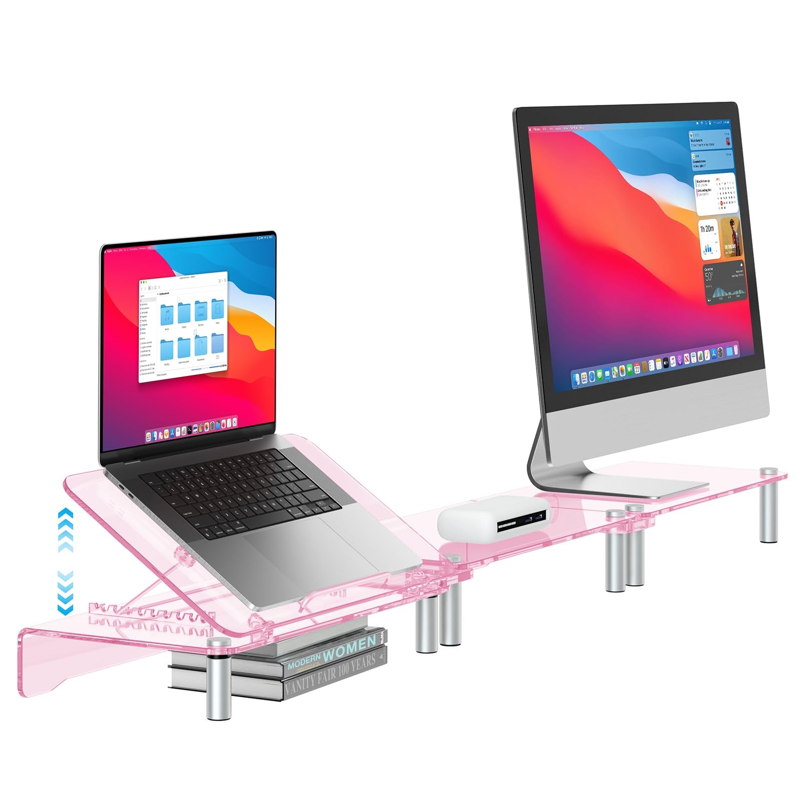 Ergonomic Pink Acrylic Dual Monitor Stand with Adjustable Laptop Riser, Compa...