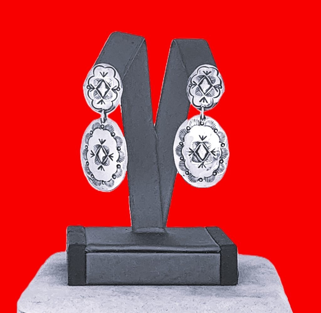 Lawrence Ohmsatte Zuni Hand Stamped Repousse Concho Sterling Dangle Earrings