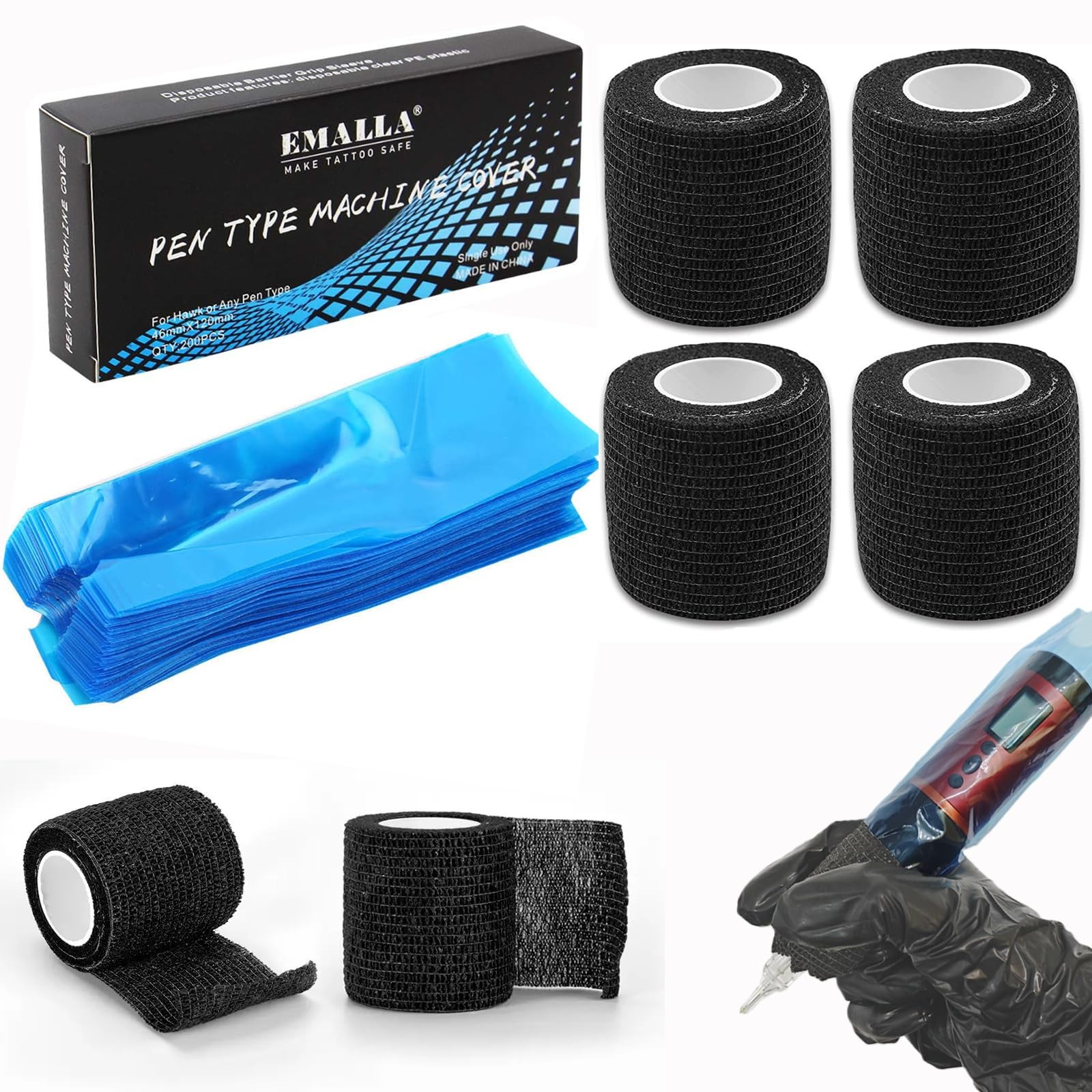 200pcs Machine Covers and 4pcs Grip Tape, Urknall Tattoo 200pcs+4pcs, blue 