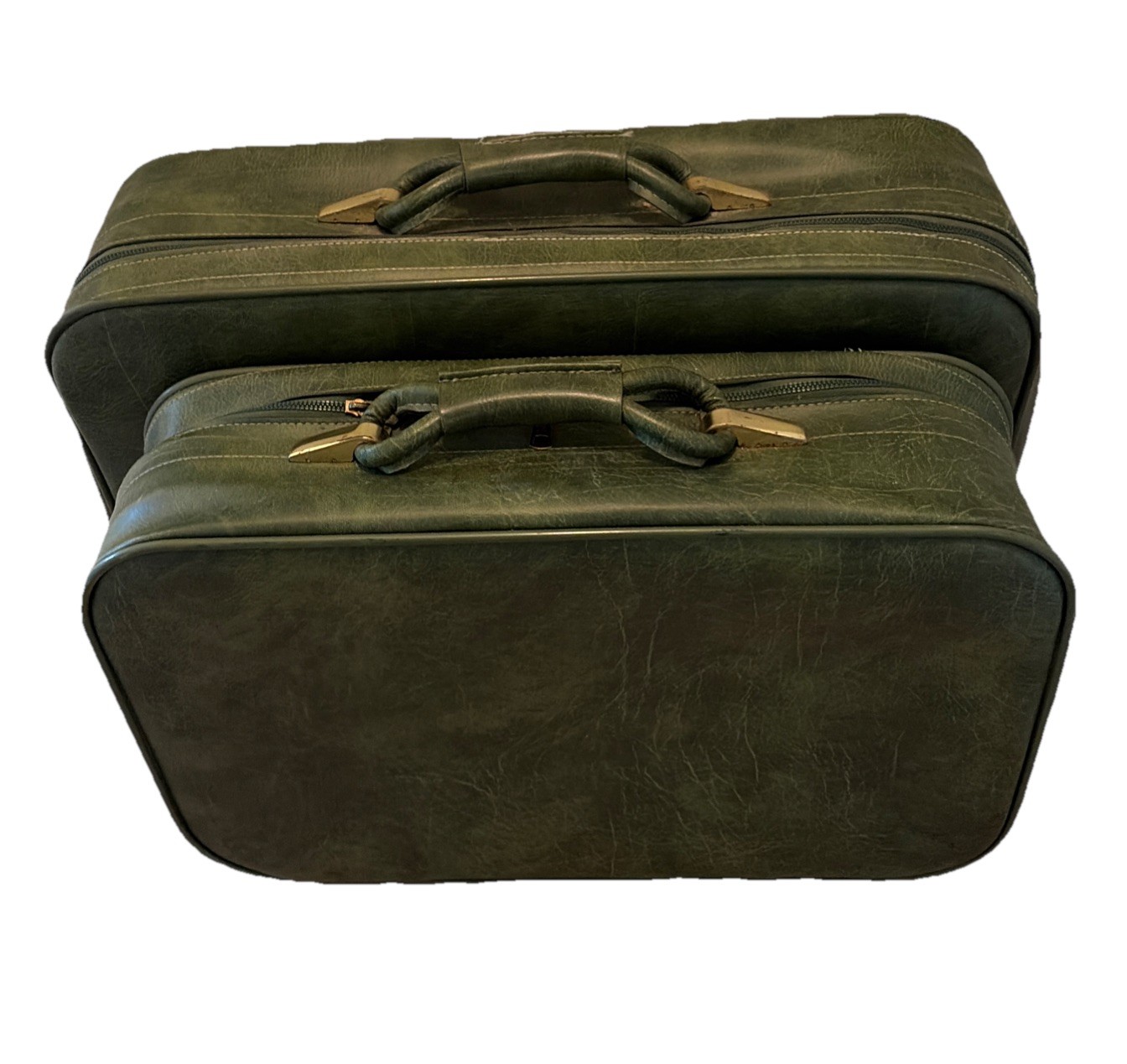 Suitcase Avocado Green 2 pieces nesting luggage 1960s Softcase Vintage