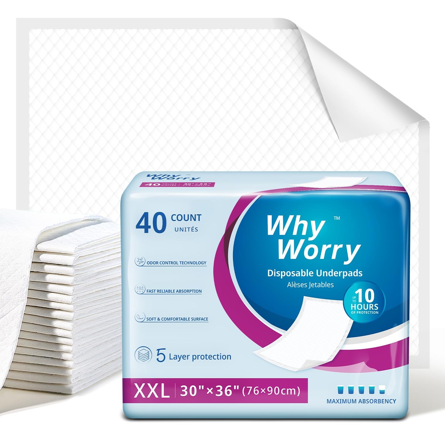 WhyWorry Extra Large Disposable Bed Pads 30" x 36", Super x White 