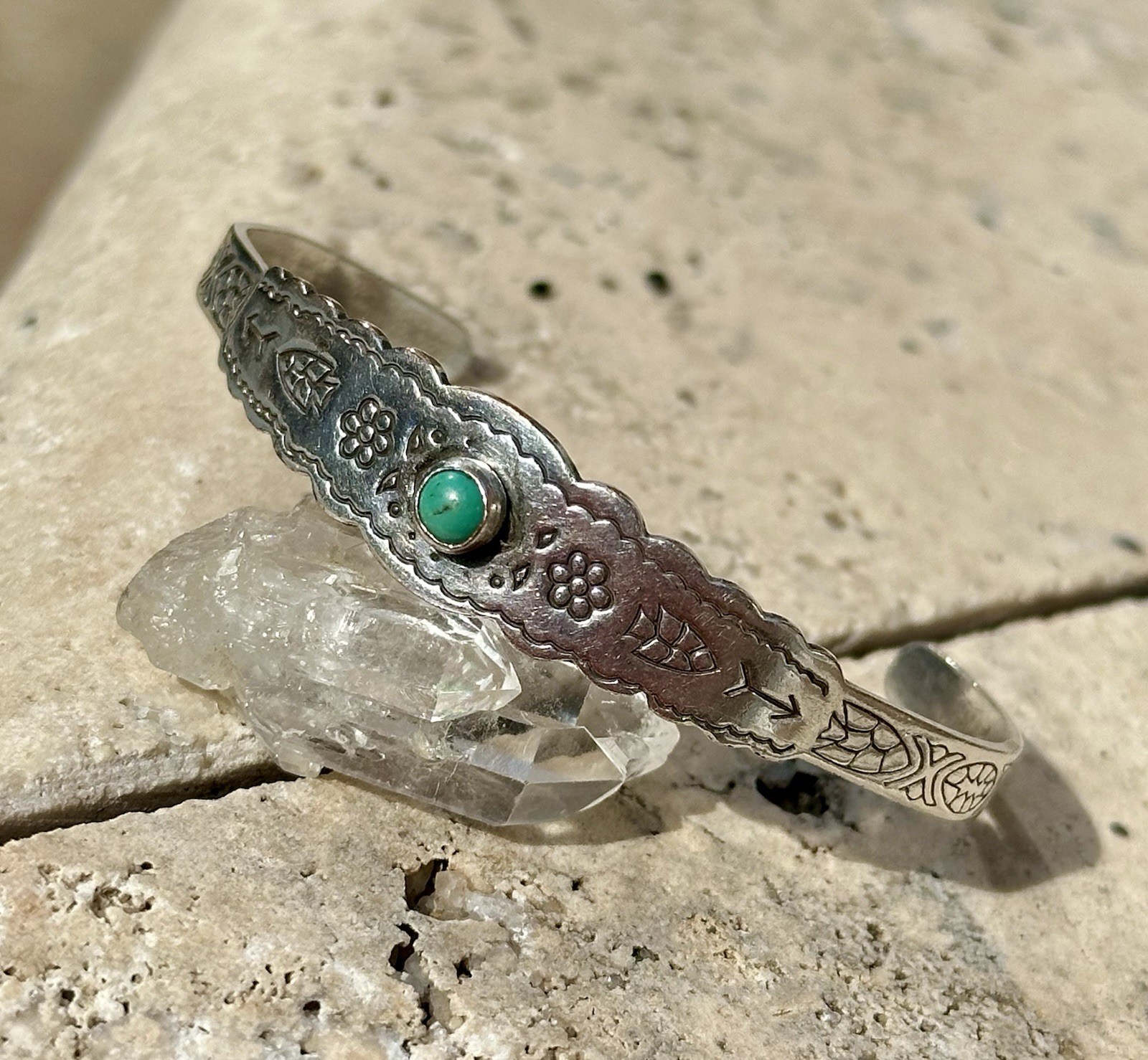 VTG Navajo Turquoise Silver Small Stamped Cuff Bracelet Frank Harvey Era, ~5.75”