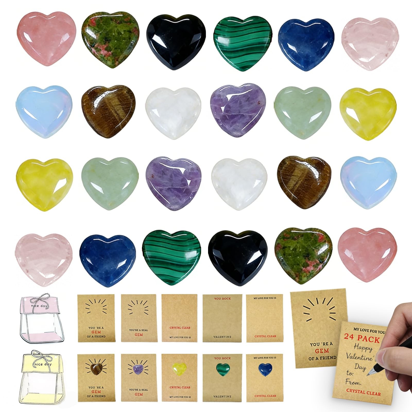 24 Pack Valentines Day Gifts for Small, Heart Shape Gems+cards 2 