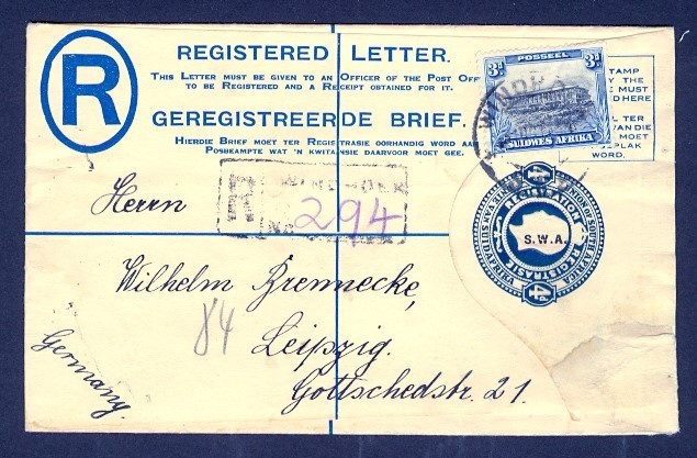 SOUTH WEST AFRICA 1933 REG ENVELOPE TO GERMANY