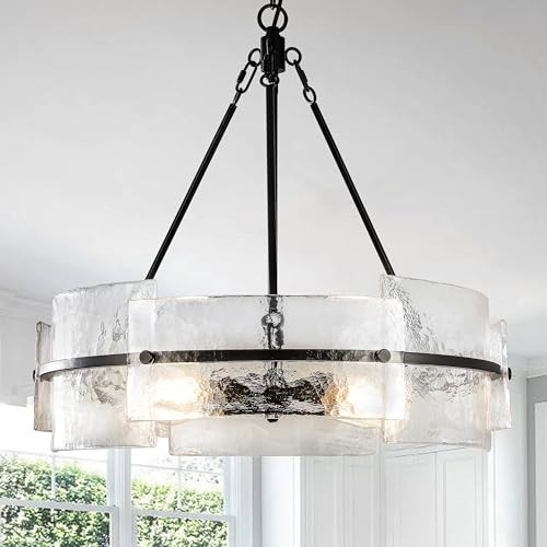 Modern Dining Room Chandelier 22” Textured Glass Chandelier Luxury Drum Black