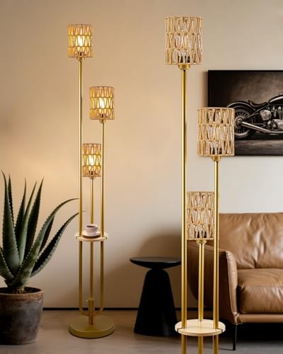  Dimmable Boho Floor Lamps for Living Room, 3-Lights Rattan 3 Rattan-Gold Shelf