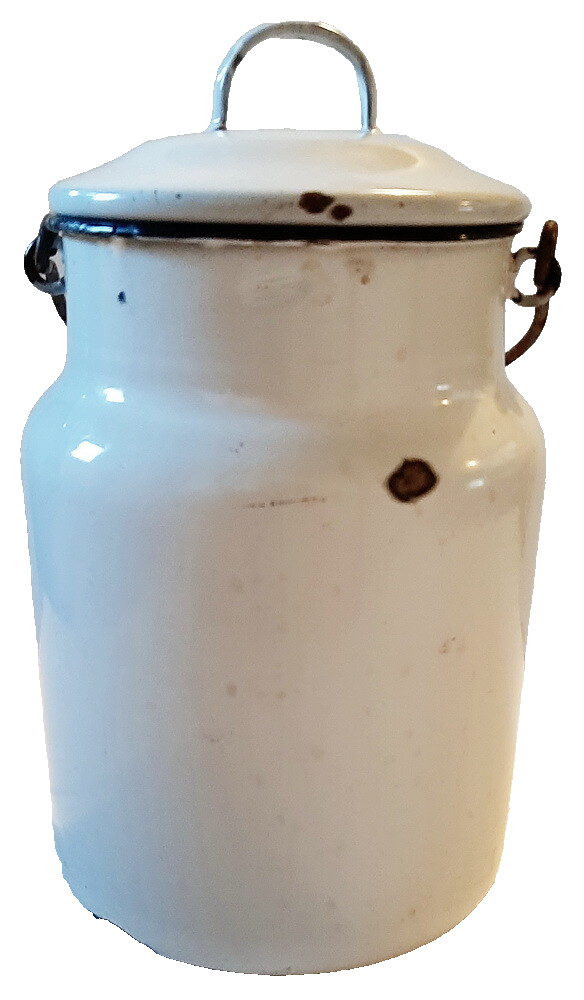 One Gallon White Enamelware Milk or Cream Pail, Screw in Lid, Bail Handle