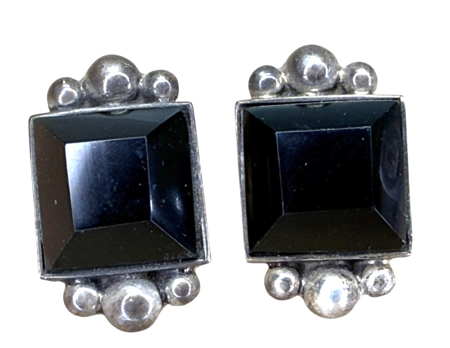 Vintage Mexico sterling silver faceted onyx post back earrings