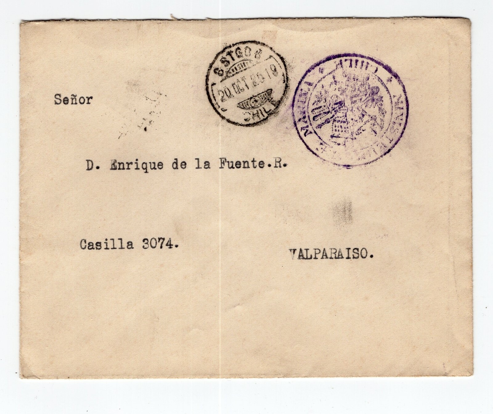 CHILE 1925 MARINA DE CHILE oficial cover to Valparaiso great & rare cachet