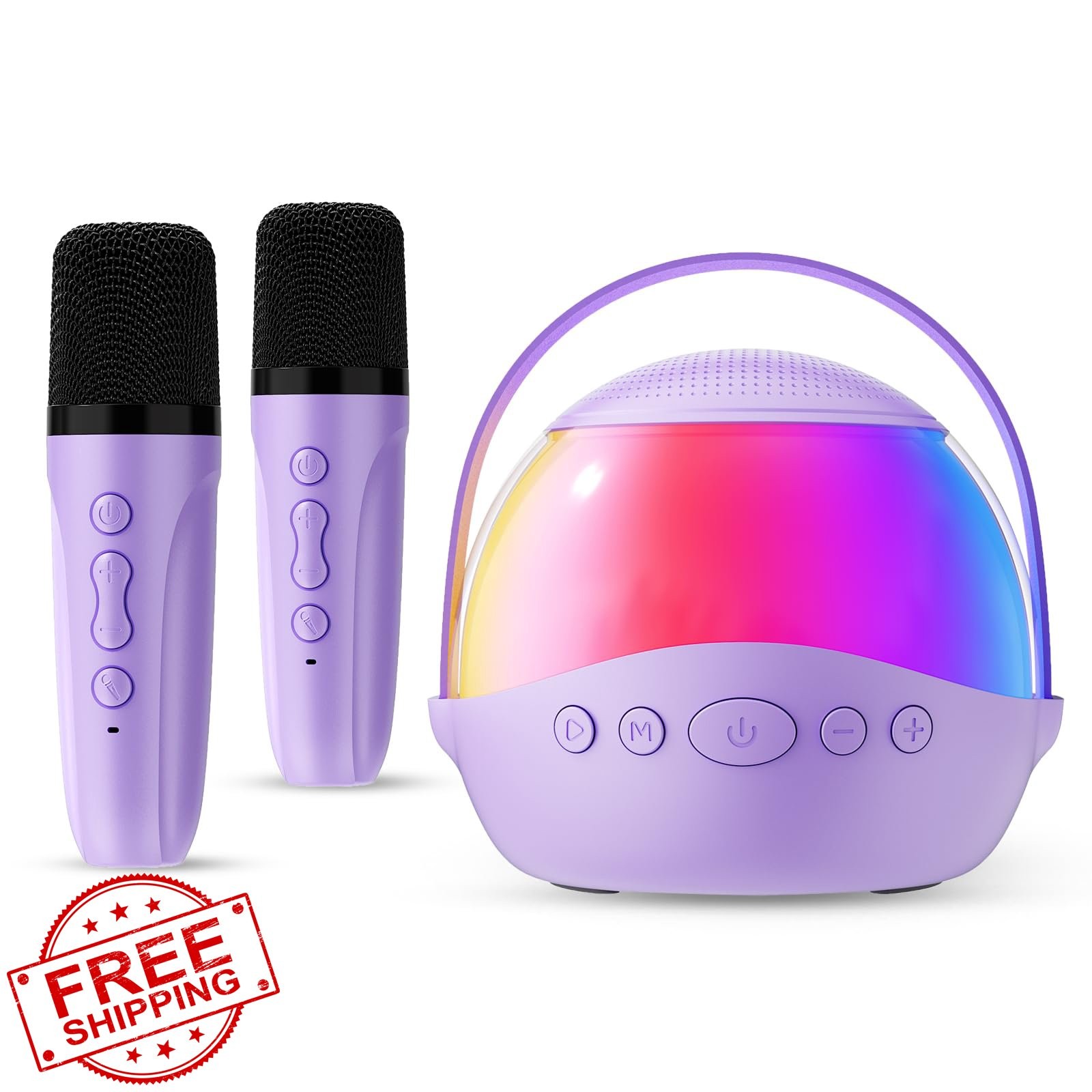 Mini Karaoke Machine, Purple, 2 Wireless Mics, LED Light, Kids/Adults