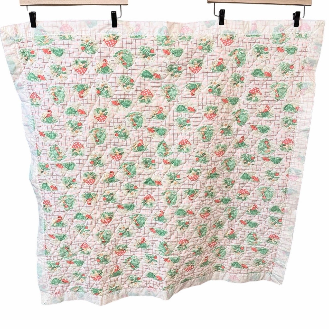 Vintage Handmade Baby Quilt Fairy Garden Snails Mushrooms Cottagecore whimsical