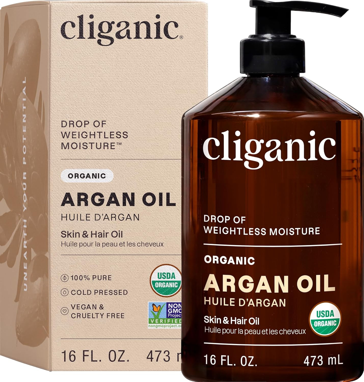 Organic Argan Oil 16Oz with Pump, 100% Pure | Bulk for Hair, Face & Skin (Packag