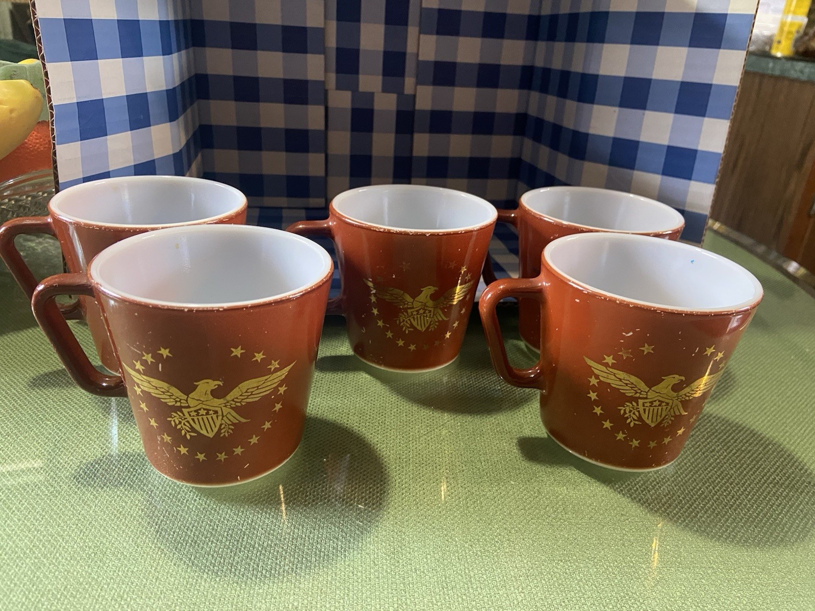 Pyrex Vintage Americana USA Gold Eagle Brown 1410 5 Coffee Tea Mugs Cups 10 Oz