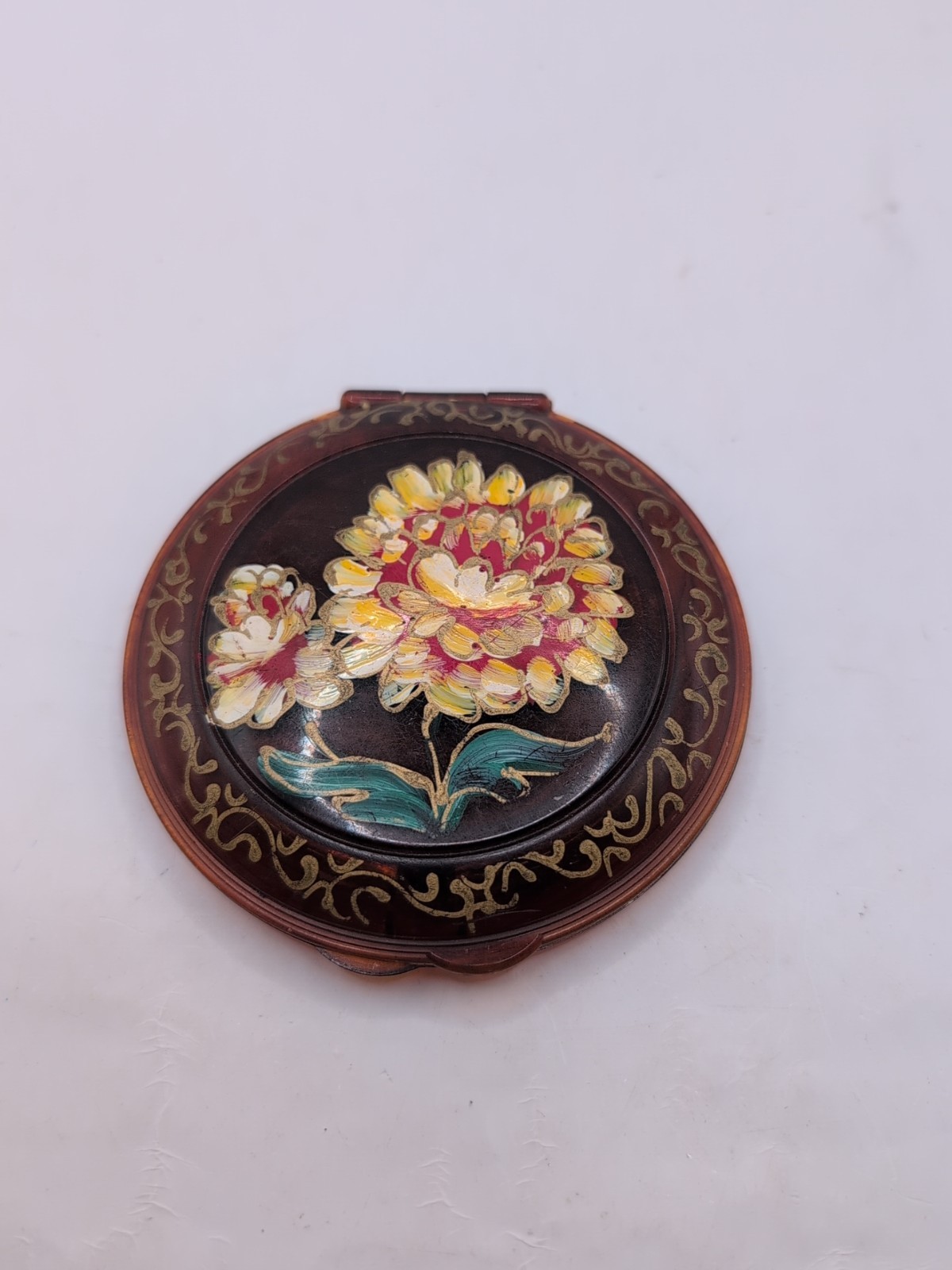 Vtg Brown Compact Painted Flowers Round Mirrored Compact 4"