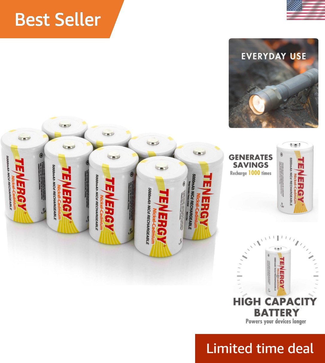 D Size 5000mAh NiCd Button Top Rechargeable Batteries, 8 Pack