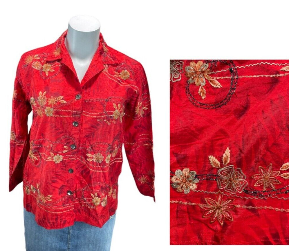 Chico's Floral Silk  Jacket Womens Large Red Embroidered Long Sleeve Button Up