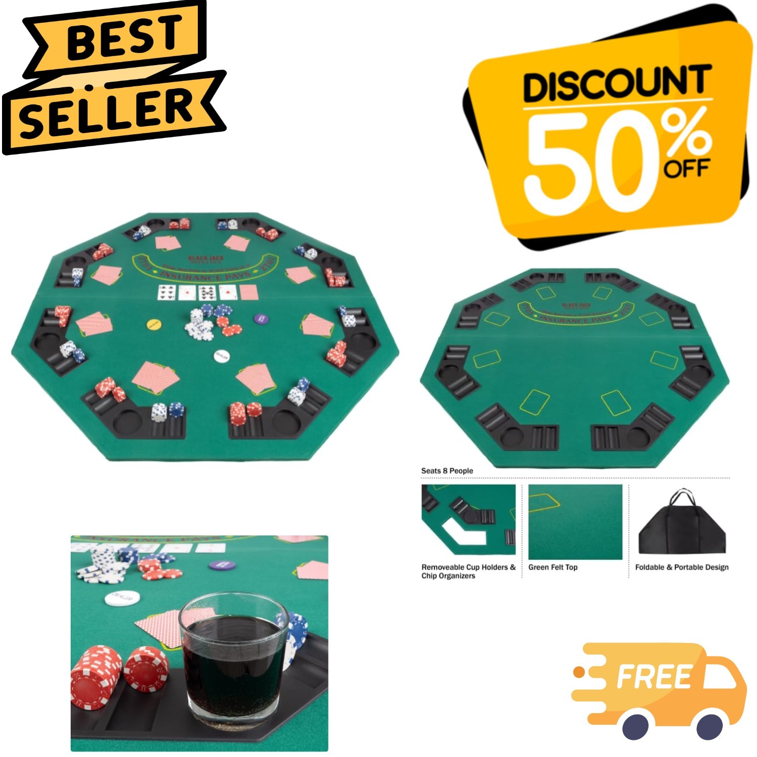Portable 48-Inch Blackjack Poker Table Top – Fit for 8 Players with Carry Case