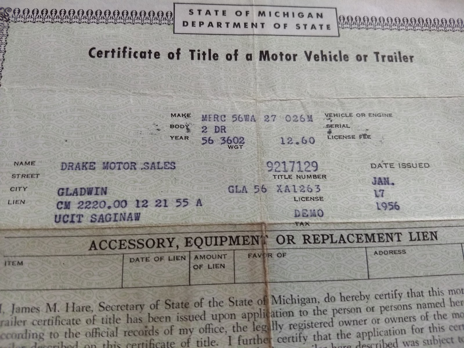 Vintage Historical Michigan Title Document 1956 Mercury 2 dr