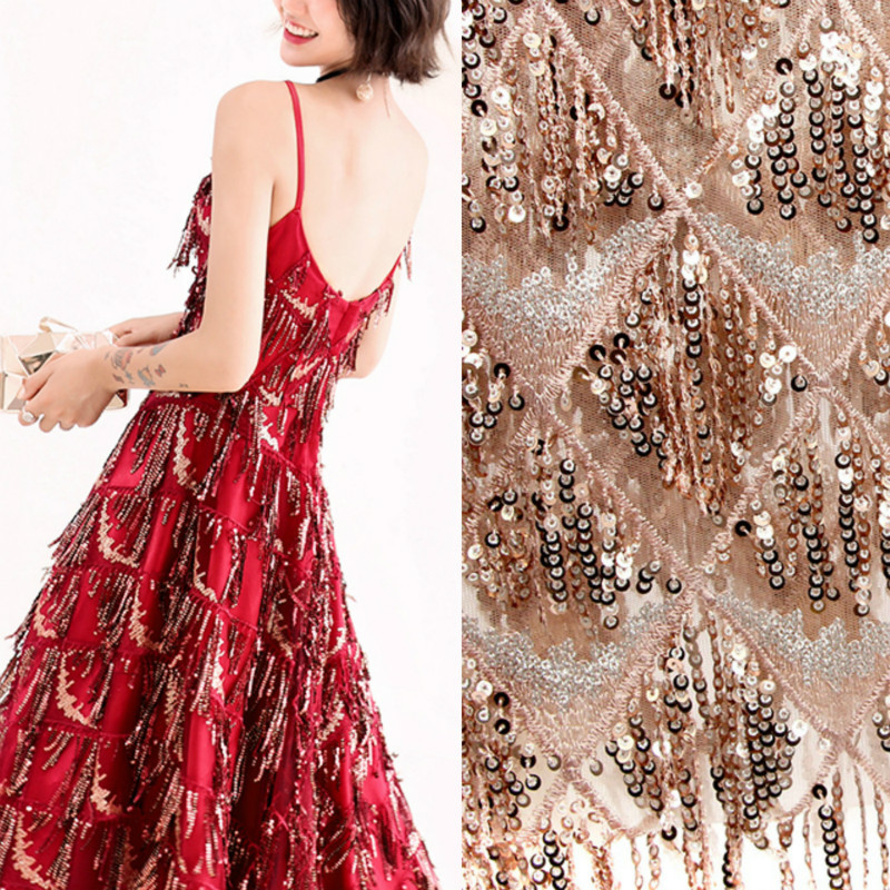 Embroidered Sequin Tassel Lace Fabric Mesh Net Tulle Dressmaking Craft Material