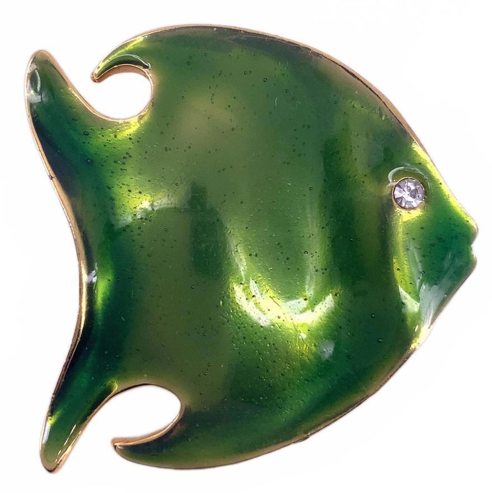 Vintage Green Enamel Fish Brooch Gold Tone Tropical Angelfish Nautical Pin