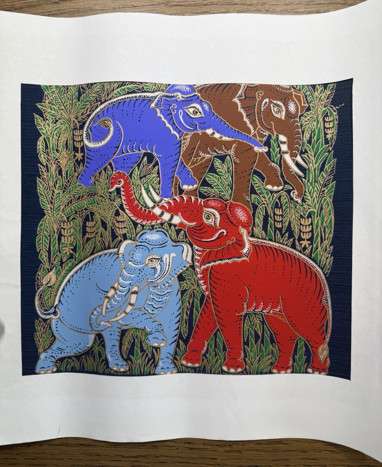 12"x11.5" Vintage Thai Art Silk Screen Print Painting ELEPHANTS