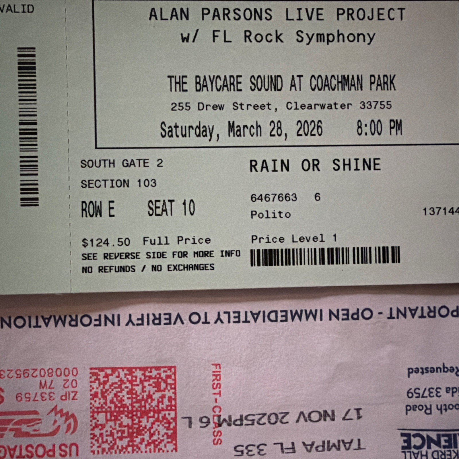Alan Parsons Project Live Concert 03/29/26 Bayshore Sound 1 Ticket Great Seating