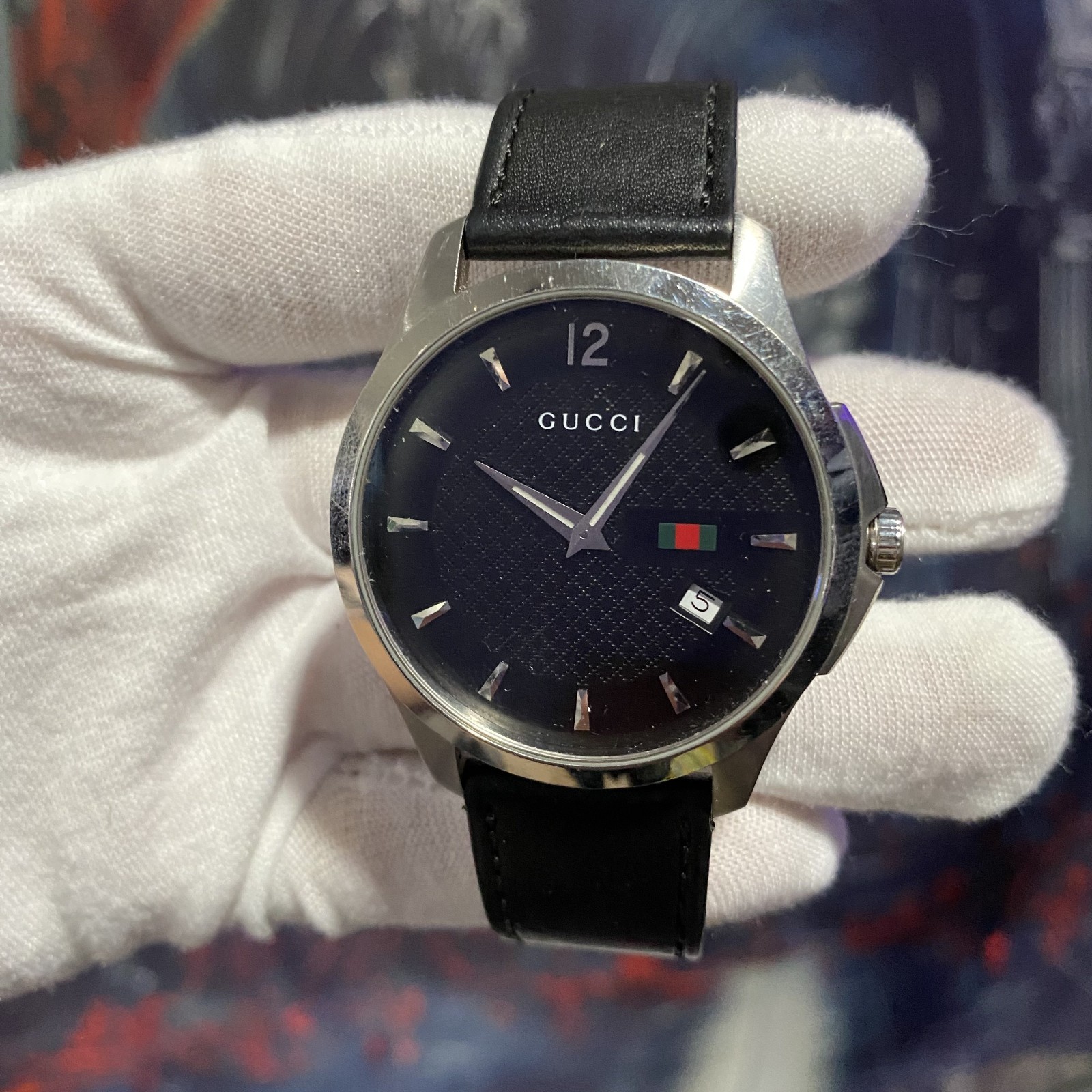 Gucci G-Timeless Silver Bezel Black Band Watch Mens Mens Luxury Accesories