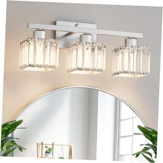  3-Light Bathroom Light Fixtures Over Mirror, Brushed Nickel Crystal Square