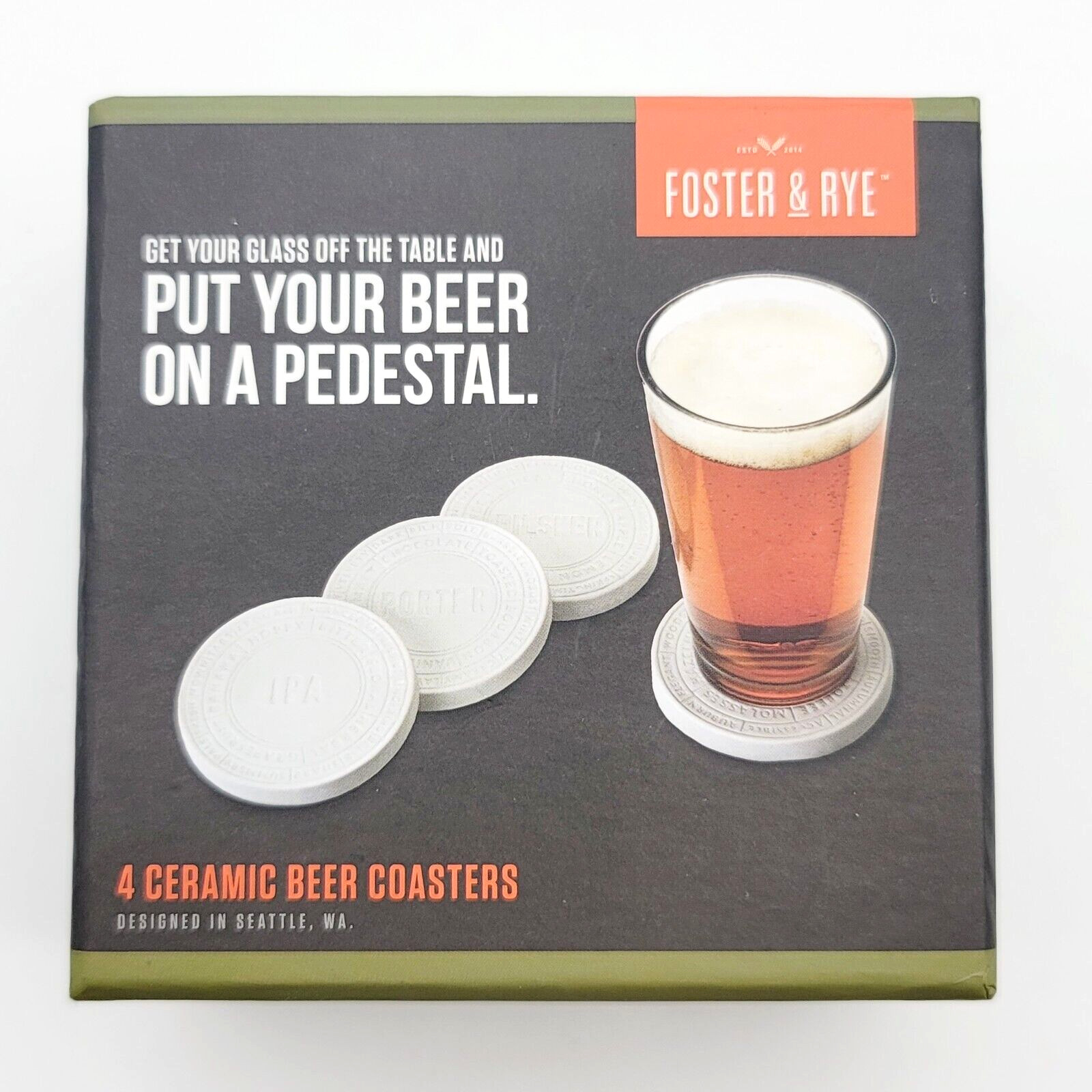 4 Ceramic Beer Coaster Set by Foster and Rye Barware Mancave Bar Pub IPA Amber