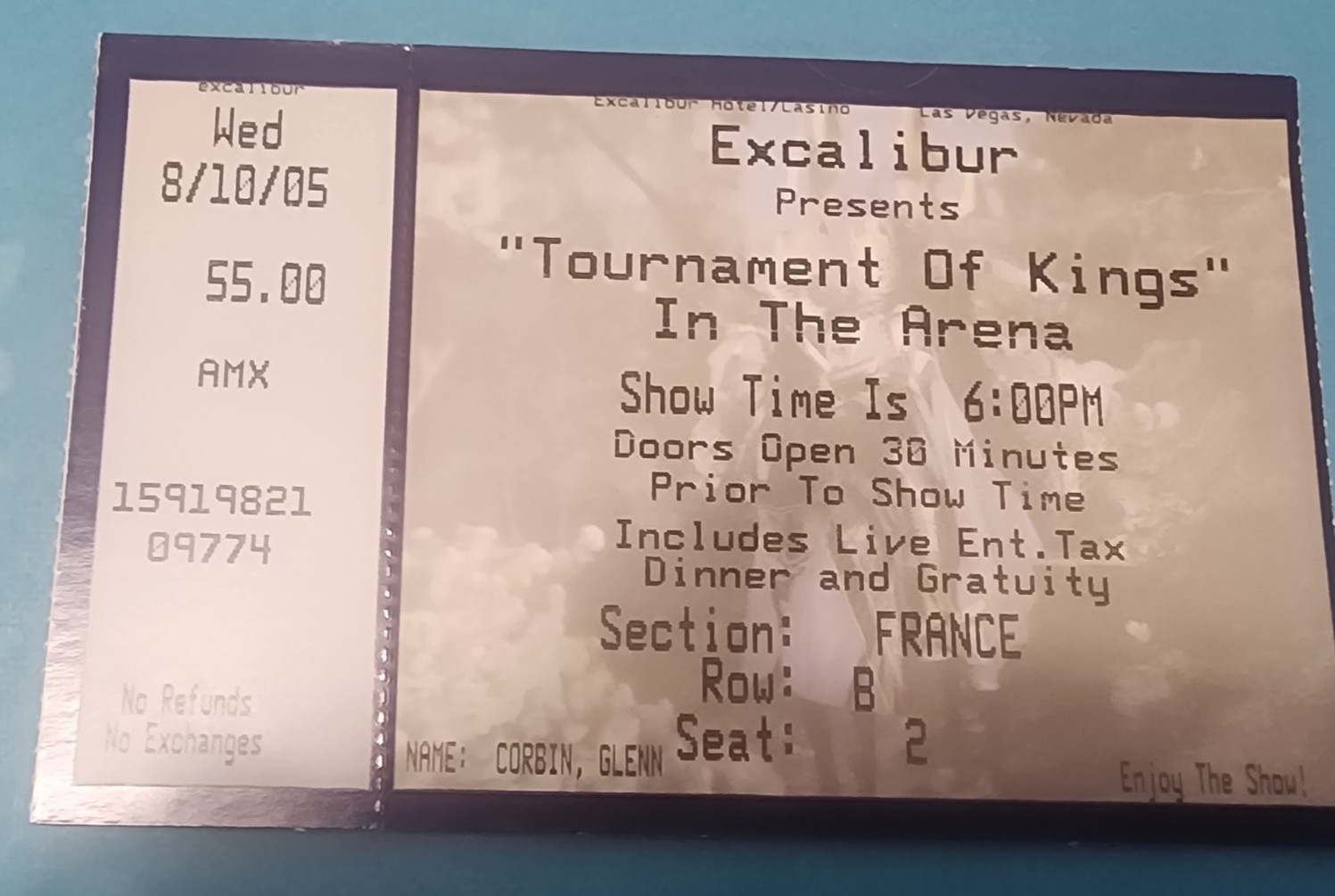 2005 Las Vegas Excalibur Tournament of Kings In the Arena Ticket Stub France 2