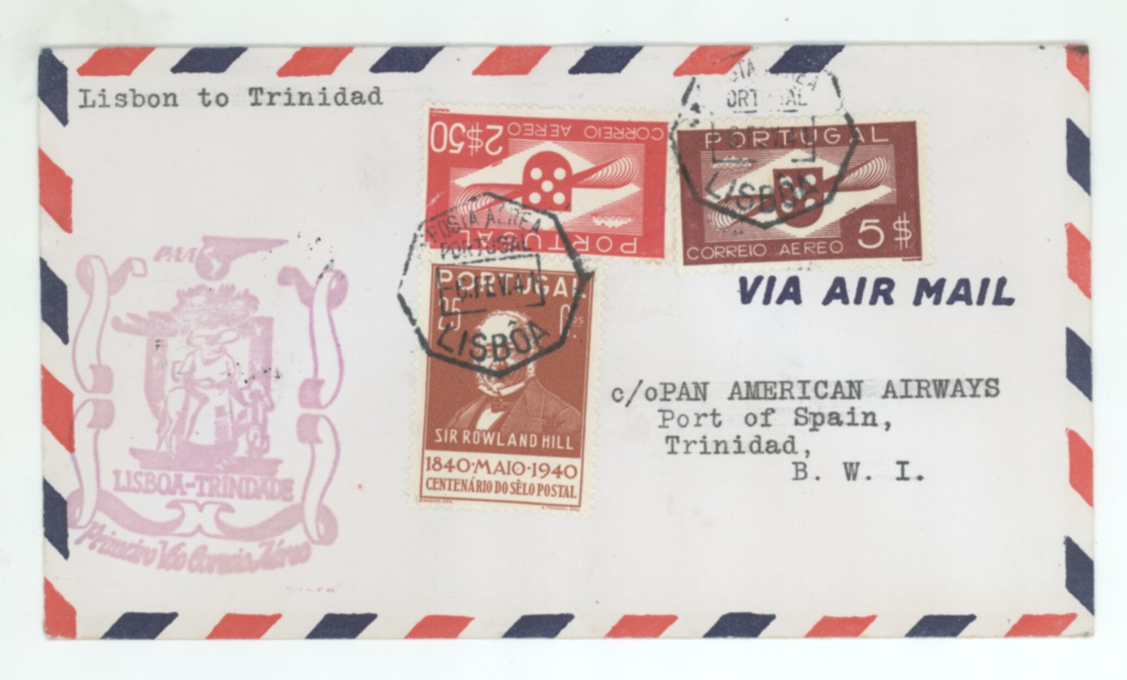 RARE Feb 6 1941 Portugal First Flight Lisbon to Trinidad BWI Cover C3 C6 #596