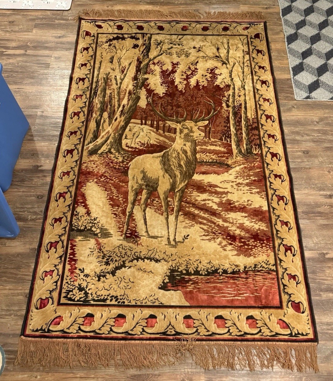 Vintage Velvet Elk Landscape Tapestry 75” X  Deer Stag Fringe Large
