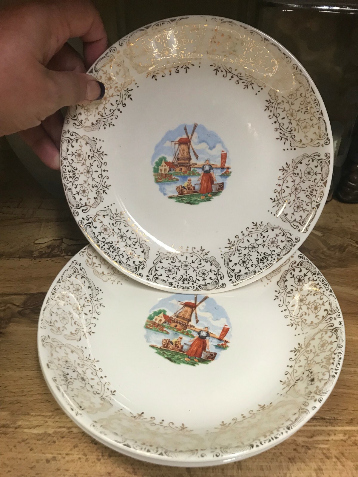 VINTAGE LOT OF 3 STETSON 22KT 8" Soup Bowls-DUTCH GIRL WITH WINDMILL
