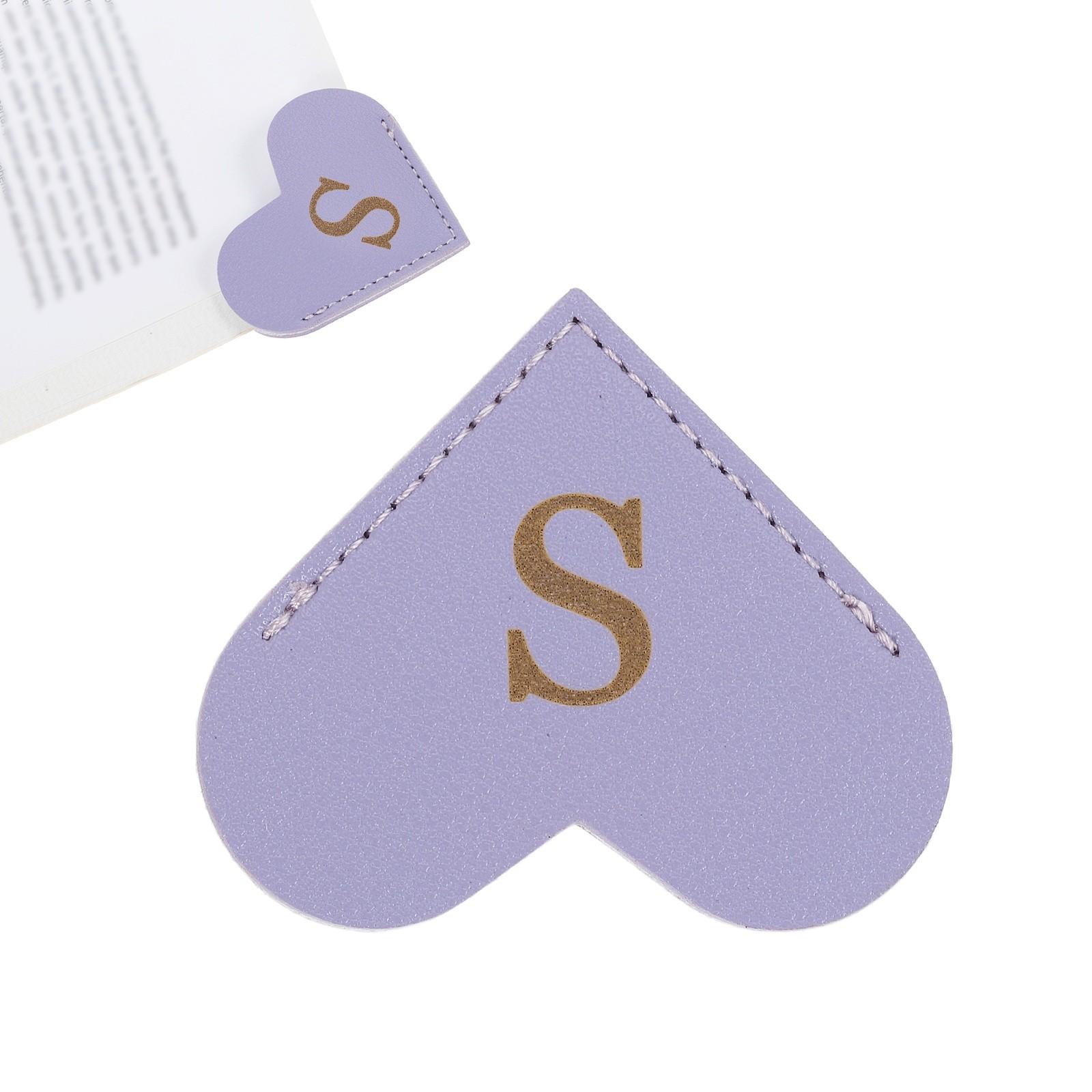 Initial S Corner Bookmarks,  Heart Shape Leather Book Marks Markers, Purple
