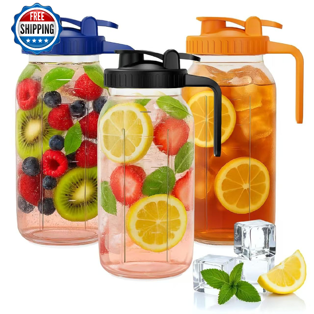 64oz Mason Jar Pitcher - Airtight Leakproof Glass with Handle & Lid, 3-Pack