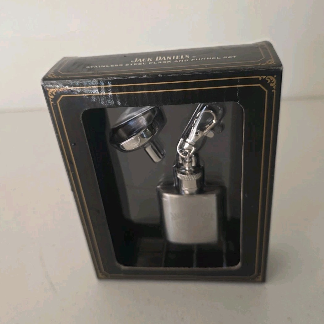 Jack Daniel’s Stainless Steel Flask and Funnel Set Silver Black Distillery 2003 