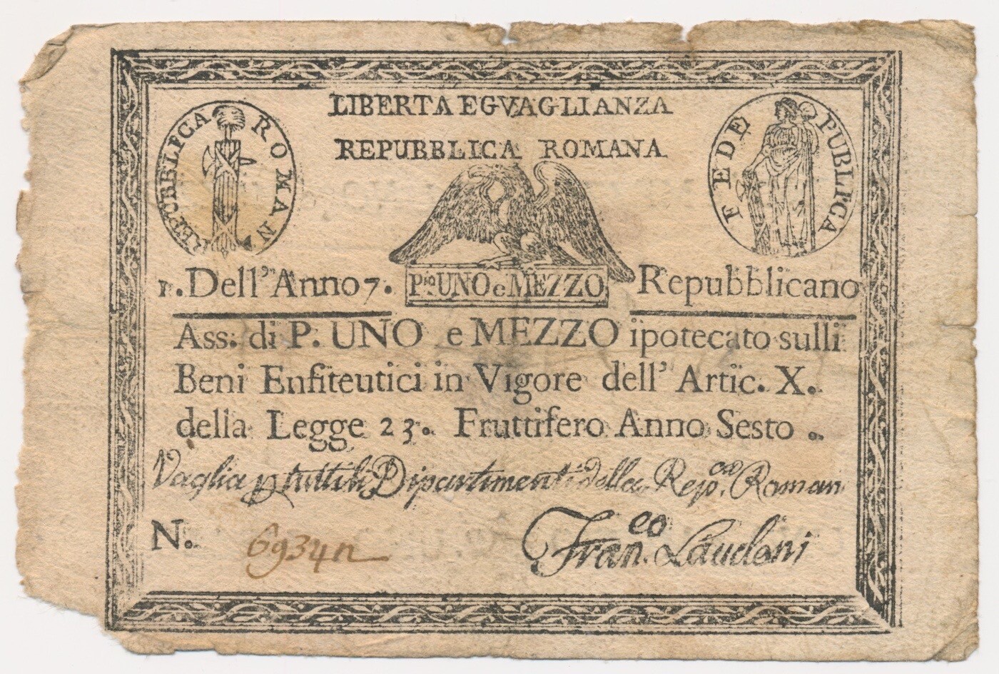 ITALIAN STATES (REPUBBLICA ROMANA) banknote 1 1/2 Paoli 1798 VF Very Fine